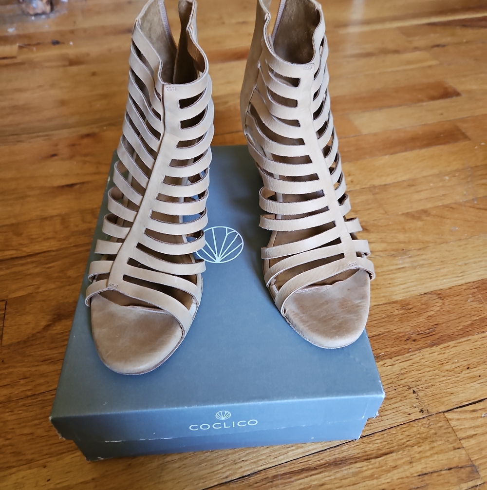 COCLICO Tan Strappy Caged High-Heel Sandals